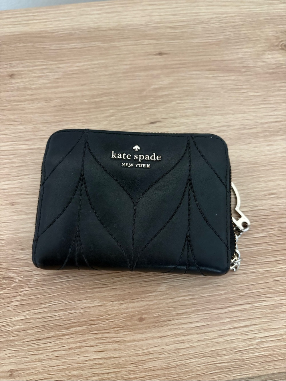 kate spade Black Quilted Leather Zip Card Wallet with Logo